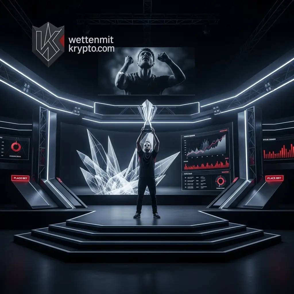 Glänzende goldene Siegestrophäe in einem vollbesetzten modernen Sportstadion unter Flutlicht als Symbol für erfolgreiches litecoin betting